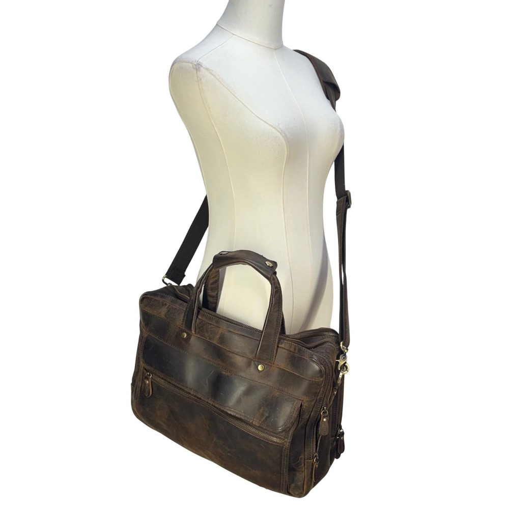 Vintage Leather Crossbody Commuter Bag Briefcase Brown Distressed Mens Large
